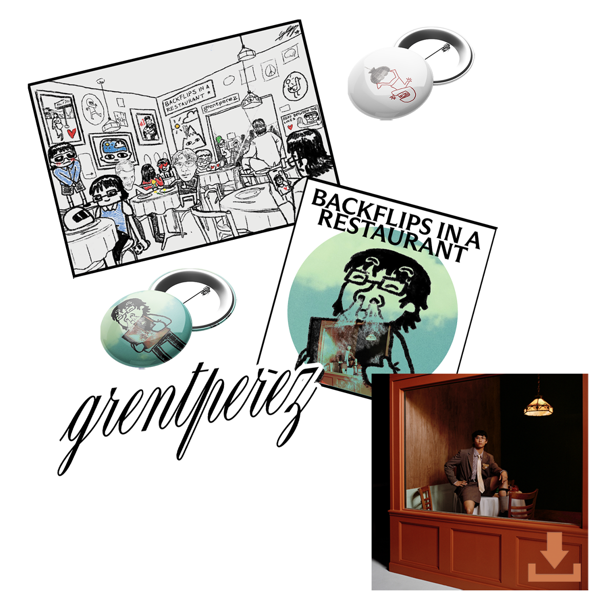 Backflips Sticker + Badge Pack + BACKFLIPS IN A RESTAURANT Digital Download Bundle