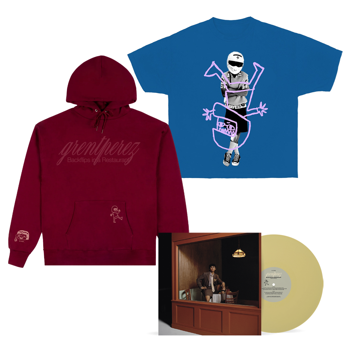 Backflips Hoodie + Blue Backflips Tee + BACKFLIPS IN A RESTAURANT Vinyl Bundle