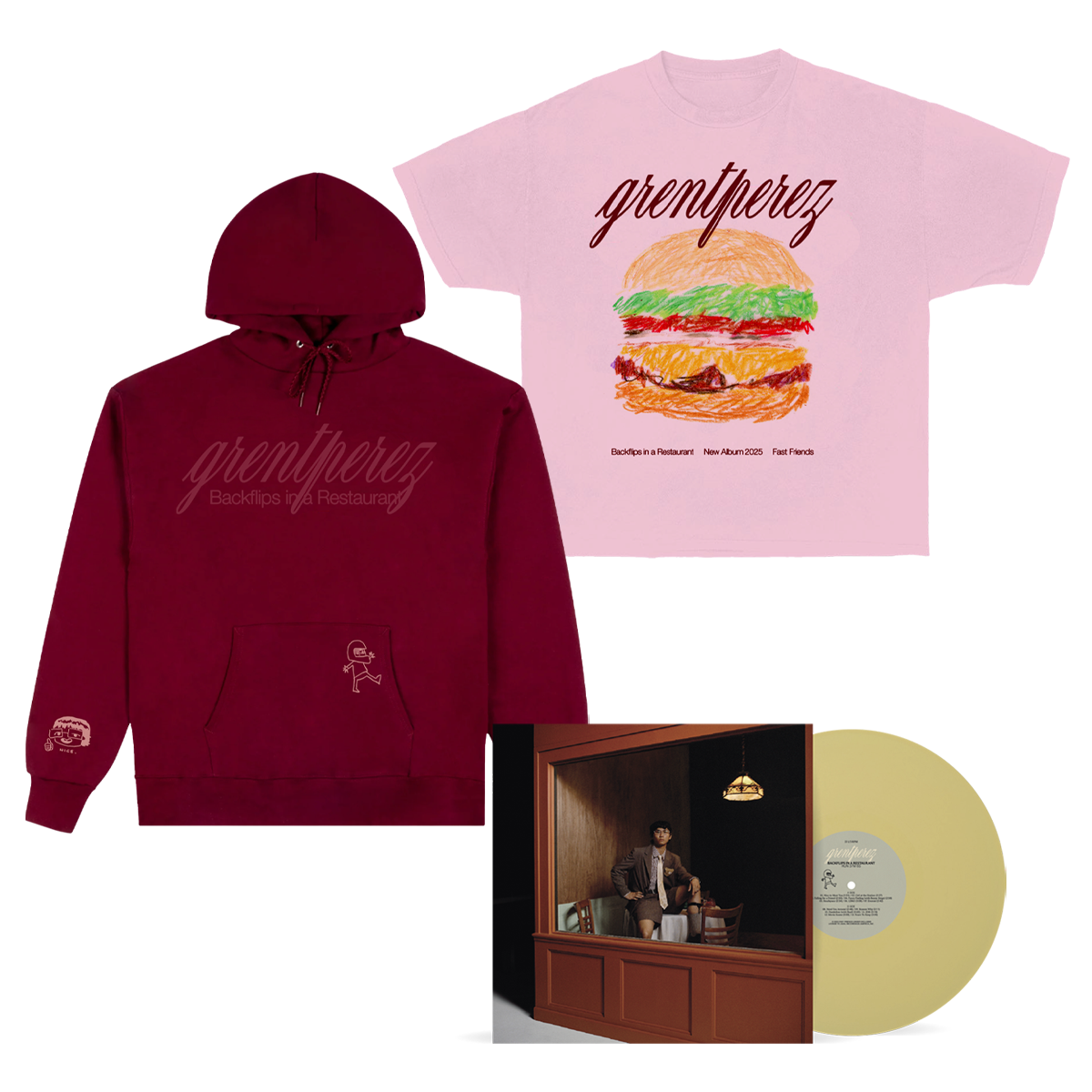 Backflips Hoodie + Pink Cheeseburger Tee + BACKFLIPS IN A RESTAURANT Vinyl Bundle