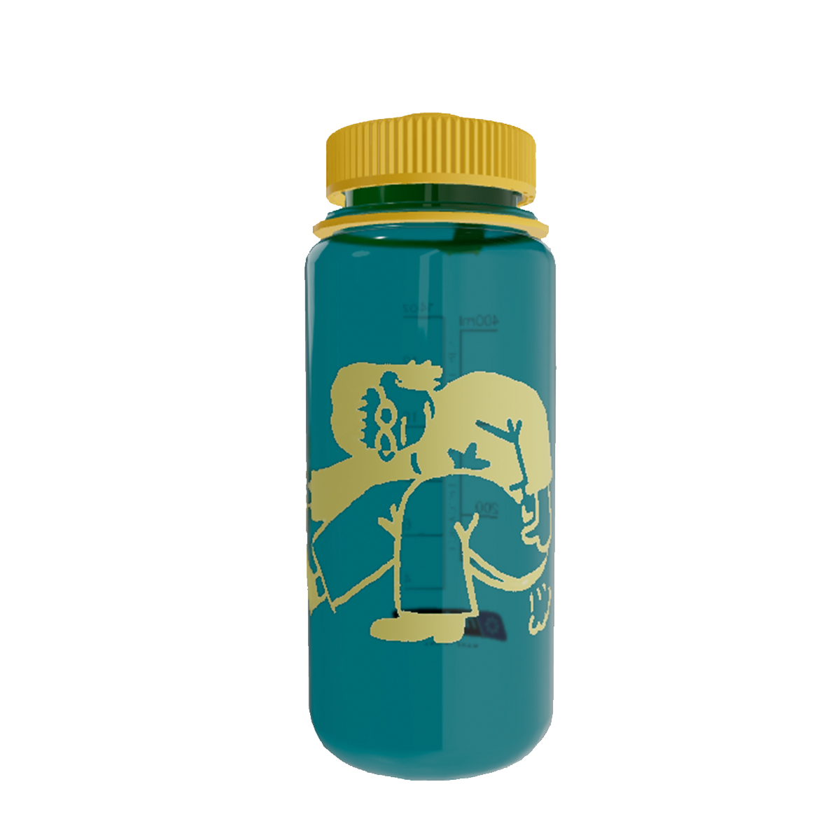 Teal water bottle with yellow lid and graphic design