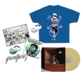 Blue Backflips Tee + Sticker and Badge Pack + BACKFLIPS IN A RESTAURANT Vinyl Bundle