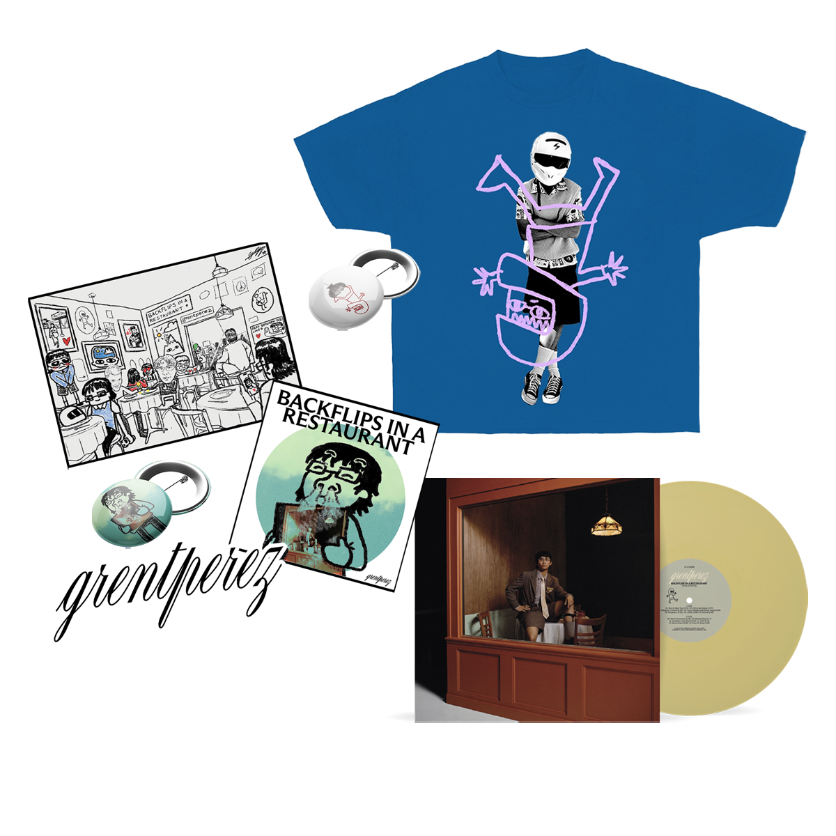 Blue Backflips Tee + Sticker and Badge Pack + BACKFLIPS IN A RESTAURANT Vinyl Bundle