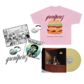 Pink Backflips Tee + Sticker and Badge Pack + BACKFLIPS IN A RESTAURANT Vinyl Bundle