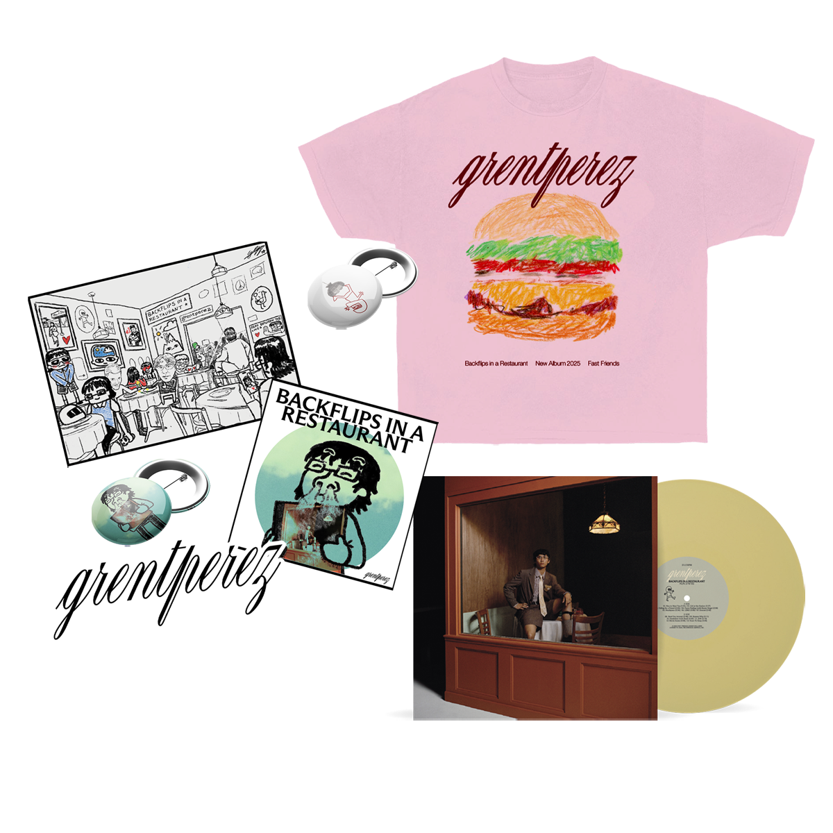 Pink Backflips Tee + Sticker and Badge Pack + BACKFLIPS IN A RESTAURANT Vinyl Bundle