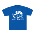 Blue t-shirt with white graphic and 'greentperez' text on the front