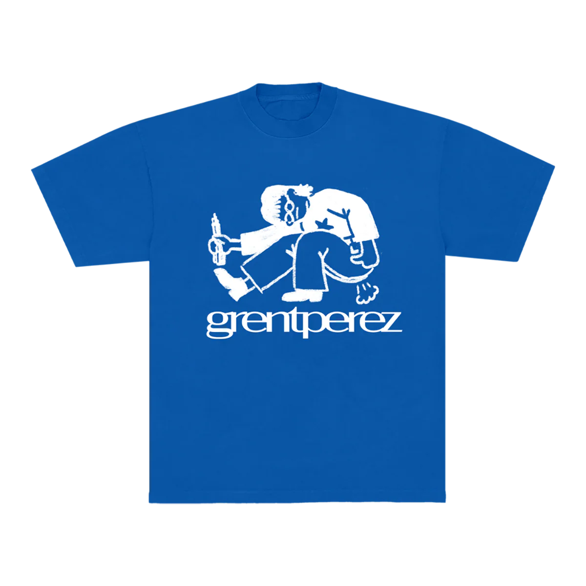 Blue t-shirt with white graphic and 'greentperez' text on the front