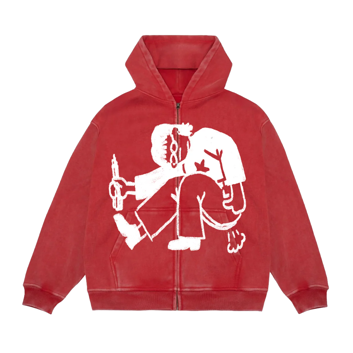Red hoodie with white graphic design