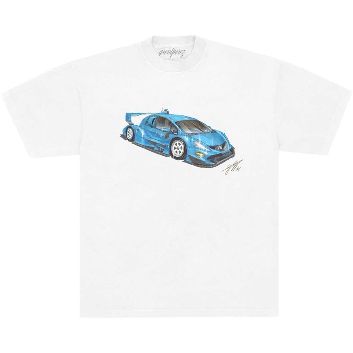 White t-shirt with a blue car graphic